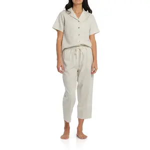 Customized Women's Sleepwear And Nightgowns Short Shirts And Long Trousers Pants Plus Size 100% Linen Pajama Set Women