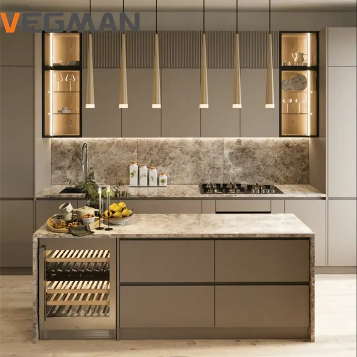 Luxury Glass Door Wall Hanging Smart Kitchen Cabinet Design For Hotel Lacquer Kitchen Cabinet