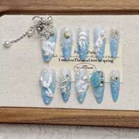 Faux ongles à presser en gros, faits à la main, forme longue queue de sirène bleue, en acrylique, avec accents océaniques