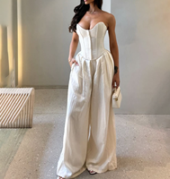 Ensemble 2 pièces en lin et coton de nouvelle conception OEM, couleur unie, pantalon large à taille haute avec poche, ensemble décontracté pour femmes