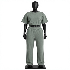 Conjunto de 2 Piezas para Mujer, Color Verde Claro Sólido, Top Corto de Punto de Manga Corta, Pantalones Anchos de Cintura Alta, Cintura Elástica Informal, Invierno - Product Image 1