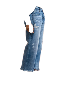 Jean en denim vintage pour femme, coupe ample, taille haute, jambe large, évasé, uni, délavé, effet usé, tissé, respirant, séchage rapide, printemps - Product Image 2