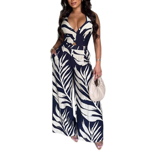 แฟชั่นฤดูร้อน เสื้อคอวีพิมพ์ลายเซ็กซี่ กางเกงขายาวทรงกว้าง ชุดเซ็ตสองชิ้น แฟชั่น - Product Image 5