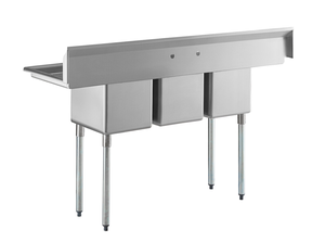Compartiment commercial en acier inoxydable SS304 avec 3 éviers, pieds et dosseret galvanisés pour la préparation et le lavage de la vaisselle dans les cuisines de restaurant - Product Image 3