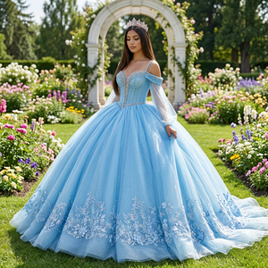 Robe de bal en mousseline bleu clair avec appliqués, style vintage, pour Quinceañera, Vestidos de 15 Años, fête Sweet 16, référence Dy20254 - Product Image 1