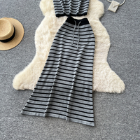 Ensemble jupe mi-longue et haut en tricot rayé pour femme, été, décontracté, élégant, deux pièces