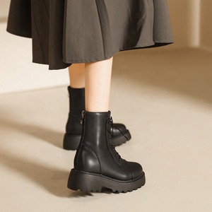 Bottes noires style britannique automne/hiver, en cuir de veau doublé fourrure, à semelle épaisse, confortables, à lacets et fermeture éclair - Product Image 3