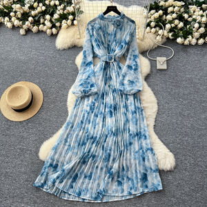 Primavera tunica romana fasciante abito Midi Casual da donna manica lanterna <span class=keywords><strong>impero</strong></span> 3D abito di pizzo stampato - Product Image 3