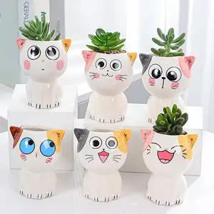 WY Set Of 6 Small Succulent Pots Ceramic Animal Planter With Drain Holes Cute Cat Shape Flower Pots For Cactus Bonsai