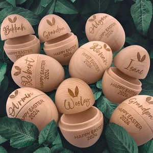 Personalized Carved Wooden Easter Egg Shell Box Natural Wood Color Hollow Engraved For Easter Decoration - Product Image 1