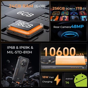 OUKITEL G1 โทรศัพท์มือถือสุดแกร่ง แบตเตอรี่ 10600mAh หน่วยความจำ 24(6+18)GB+256GB หน้าจอ 6.52 นิ้ว มาตรฐานกันน้ำ IP68 รองรับ NFC ระบบปฏิบัติการ Android 14 กล้อง 48MP - Product Image 4