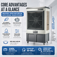 Refroidisseur d'air industriel mobile grande capacité 100L, ventilateur de refroidissement 80m², remplissage automatique d'eau, climatiseur avec corps en alliage