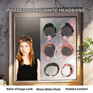 Diadema y banda para el cabello acolchada de 6 cm, de material de PC grueso, con diseño floral vintage retro, en blanco y negro, para mujer. - Product Image 2