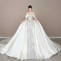 Robe de mariée de luxe Lsjj114, robe de bal, épaules dénudées, satin formel, cristaux, paillettes, Dubaï, Arabie, robe de mariée bouffante, robe Jancember