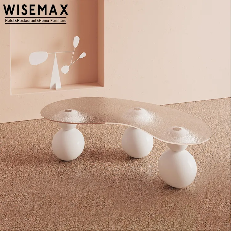 Wisemax Meubels Minimalistische Woonkamer Meubels Gebogen Water Wave Top Side Tafel L Vorm Glas Top Metalen Voet Salontafel