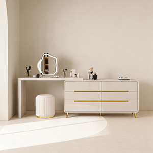 Table de toilette extensible de luxe moderne avec miroir LED, <span class=keywords><strong>commode</strong></span> à <span class=keywords><strong>6</strong></span> <span class=keywords><strong>tiroirs</strong></span> et tabouret pour chambre à coucher - Product Image 3