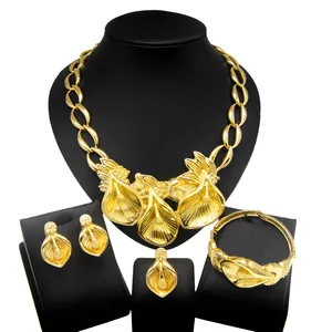 Zhuerru Italian Gold Plated Jewelry Set Leaf Shape Necklace Bracelet Earrings Jewels Sets Fashionable High-end Luxury H00159