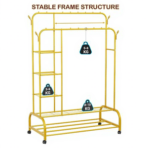 Modern Yellow Metal Clothing Rack with Wheels and Storage <b>Shelves</b> for Living Room Multifunctional <b>Standing</b> Type - Product Image 3