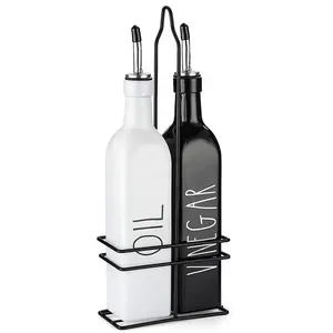 2 Pk 16Oz Keramische Kleur Zwart & Wit Olijfolie Dispenser Fles Met Metalen Stand Houder En Rvs uitloop