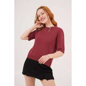 Blusa de Lycra de Manga Corta y Cuello Redondo para Mujer, Camiseta de Punto Delgada Color Borgoña al por Mayor - Product Image 4