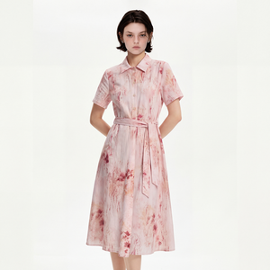 Pink Floral Print Natural Woven Breathable Casual Dress Shawl Collar Button Front Belted Midi Short Sleeve Women Dress - Product Image 6
