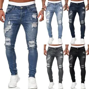 2022 חדש זול אופנה גברים של מכנסיים הלבשה> גברים של בגדים> גברים של ג 'ינס Pantalon ז' אן יוצקים Homm אור כחול ג 'ינס Ripped ג' ינס