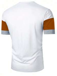 T-shirt pour homme blanc à rayures marron sucre, couture multicolore, tricot ample formel, manches courtes lavées - Product Image 3