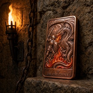 Barre commémorative Dragon <span class=keywords><strong>Slayer</strong></span> en cuivre fin .999 de 1 oz, pièce de défi personnalisée en relief 3D sur le thème de la légende médiévale, pour cadeau de luxe - Product Image 1