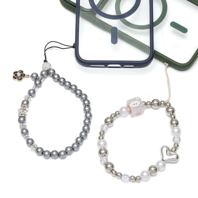 Wholesale Diy Girl Cute Heart Pearl Beads Mobile Phone Wrist Chain Strap Universal Resin Crystal Phone Wristlet Lanyard