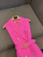 Nouvelle Robe Mini Élégante Femme Printemps, Coupe Trapèze Sans Manches, Double Boutonnage, Couleurs Vives, Tissu Cranté, Avec Ceinture