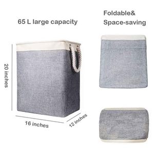 Foldable Linen Cotton Rope Laundry Basket Large Capacity <b>Storage</b> Hamper Long Handle Bedroom Organizer - Product Image 3