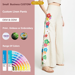 Manni Vrouwen Zuiver Linnen Borduren Broek <span class=keywords><strong>Indian</strong></span> Stijlvolle Wijde Pijpen Losse Broek - Product Image 3
