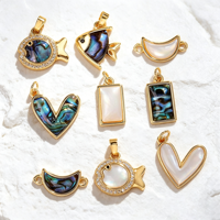 Pendentif Breloque DIY Personnalisé en Or 18K Plaqué Or, Cœur de Poisson et Croix en Coquille d'Ormeau Iridescent et Nacre, Thème Océan