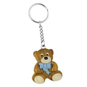 Porte-clés miniature en bois en forme d'ours avec nœud bleu pour enfants et cadeaux - Product Image 1