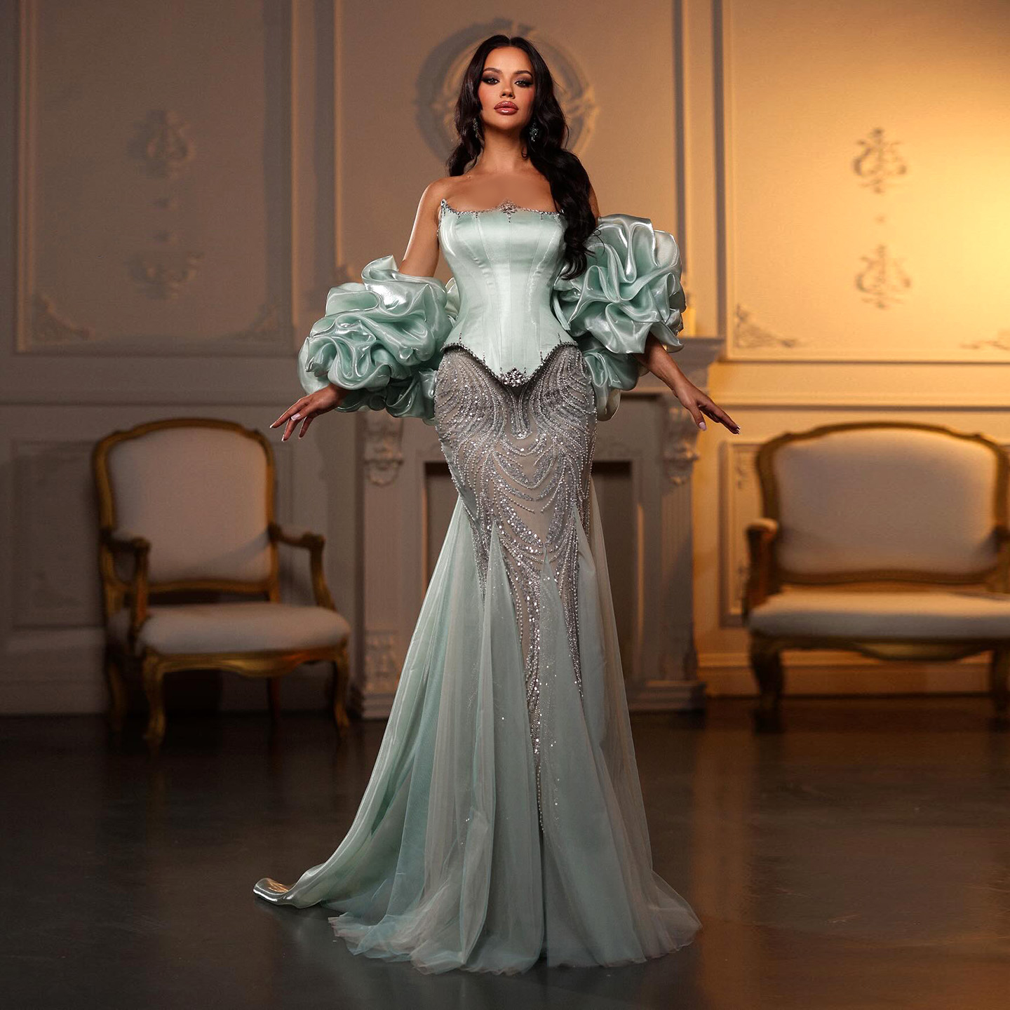 two piece formal evening dresses Emerald Green Two Piece Satin Crop Top Ball Gown Prom Dress