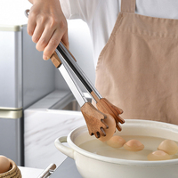 Pince de cuisine en bois d'acacia avec manche en métal, ustensile de cuisine sans BPA, accessoire de cuisine naturel et biologique, pince à salade
