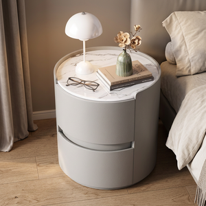 Table de chevet intelligente en bois et cuir de style italien, best-seller, 2 tiroirs, éclairage LED, charge sans fil, meubles de chambre à coucher - Product Image 4
