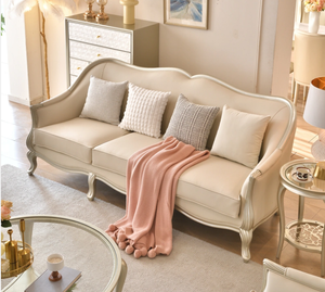 เฟอร์นิเจอร์โซฟาสีเบจแบบใหม่ เฟอร์นิเจอร์ห้องนั่งเล่น โซฟาโครงไม้โค้งดีไซน์หรูหราทันสมัย ชุดโซฟา 1+2+3 - Product Image 1