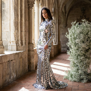 Nt42 <b>Silver</b> Sequin Mermaid Evening <b>Dress</b> Long Sleeve Luxury Design for Formal Events Jancember - Product Image 1