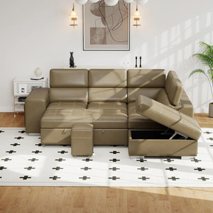 جلد على الطراز الأوروبي منجد على شكل حرف L قابل للسحب غرفة معيشة حديثة من الخارج ، مع التخزين - Product Image 4