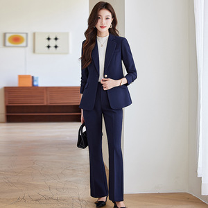 Women's Suit Set Light Blue Three Quarter Sleeve Office Lady Spring Anti-Wrinkle Polyester Worsted Fabric - Product Image 3