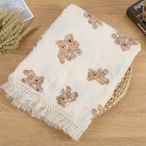 Personalized Print Neutral Gift Squares Cotton <b>Swaddle</b> Baby Muslin <b>Blanket</b> Wrap With Tassel - Product Image 3
