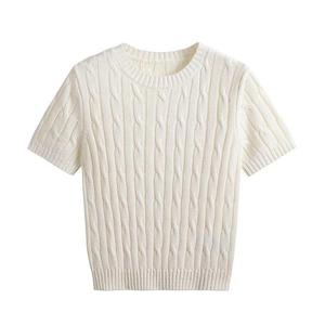 여성 여름 얇은 반팔 니트 셔츠 회색 텍스처 패턴 한국 레트로 레터 자수 레귤러 핏 탑 - Product Image 4