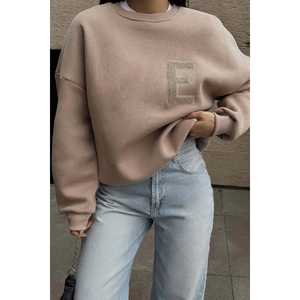 Sweat-shirt en soie beige pour femme, taille XS, avec broderie élégante 'E', col montant, impression en relief, léger, pour l'automne - Product Image 4