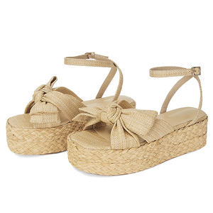 Sandales plates d'été pour femmes, à plateforme, en <span class=keywords><strong>raphia</strong></span> plissé, avec nœud, tissées en paille, en rotin, pour la plage - Product Image 3
