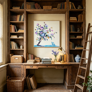 Tableau <span class=keywords><strong>mural</strong></span> minimaliste village côtier bleu canard impasto fait main déco maison hôtel villa - Product Image 3