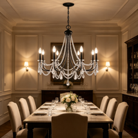 Lustre en cristal noir mat à 8 lumières, luminaire suspendu en cristal perlé en forme de goutte d'eau pour salle à manger, salon, villa