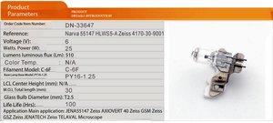 Lampada Alogena in Vetro NARVA <span class=keywords><strong>JENA</strong></span> 55147 HLWS5-A per Microscopio AXIOVERT 40 Zeiss 4170-30-9001 GSM TELAVAL, 6V25W 3000K, 2000 Ore - Product Image 2