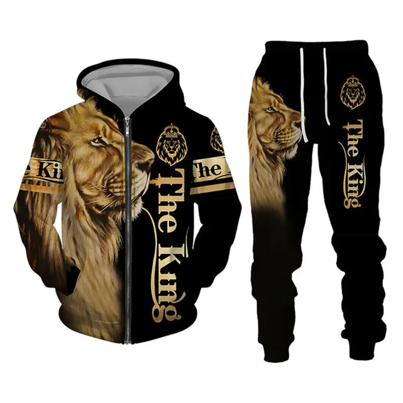 Özelleştirilmiş rahat streetwear aslan 3D dijital baskılı adam ve kadın çocuk ve yetişkin fermuarlı boy hoodie seti