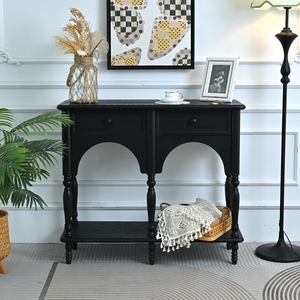 Easy Assembly 39.37" Accent Black Solid Wooden Classic Arched Design Turned Legs <b>Storage</b> <b>Console</b> <b>Table</b> For Living Room - Product Image 1